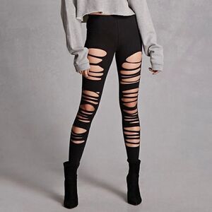 NASTY GAL HIGH WAIST LASER SHREDDED RIPPED LEGGINGS IN BLACK SIZE XS, S, M, L